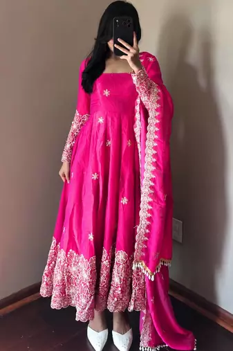 rani pink color sequin embroidery silk blend gown set