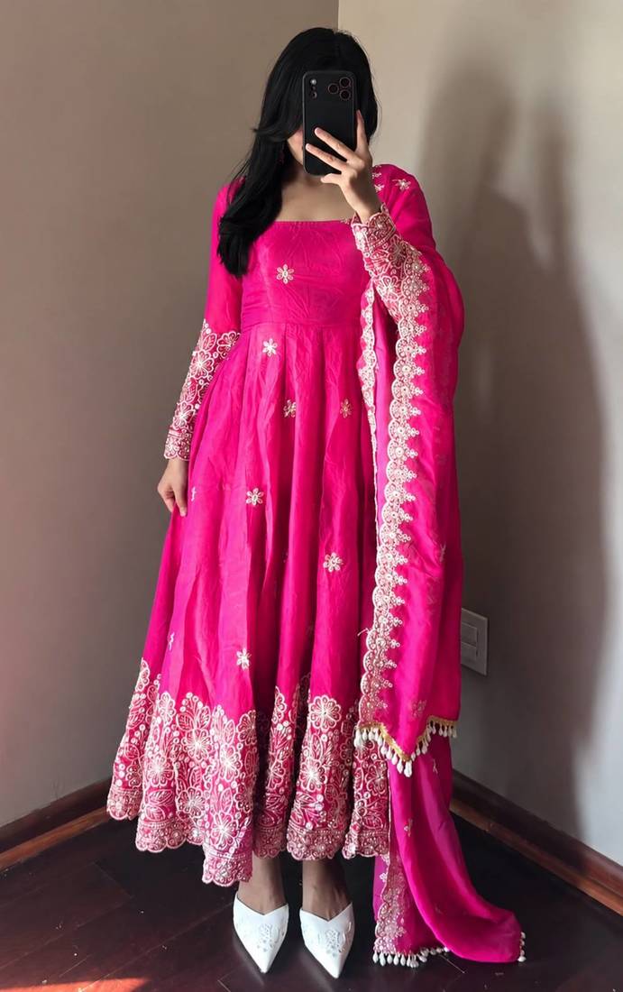 rani pink color sequin embroidery silk blend gown set