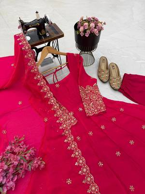 rani pink color sequin embroidery silk blend gown set 2