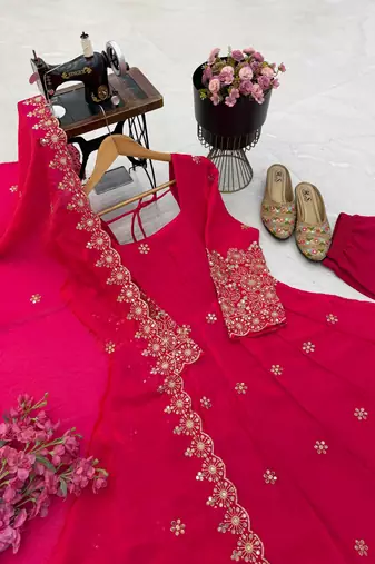 rani pink color sequin embroidery silk blend gown set