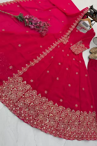 rani pink color sequin embroidery silk blend gown set