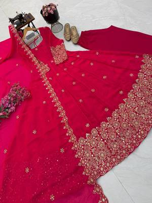rani pink color sequin embroidery silk blend gown set 4