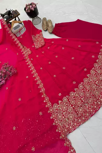 rani pink color sequin embroidery silk blend gown set