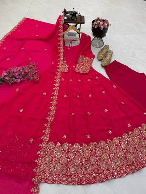 rani pink color sequin embroidery silk blend gown set 5