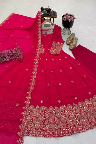 rani pink color sequin embroidery silk blend gown set