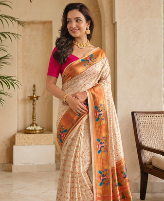 white color rich weaved pallu along polka design zari silk blend saree