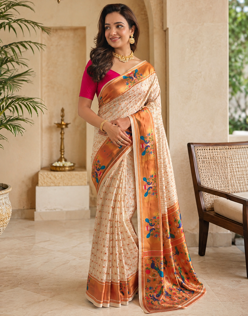 white color rich weaved pallu along polka design zari silk blend saree