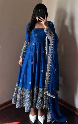 teal color sequin embroidery silk blend gown set 1