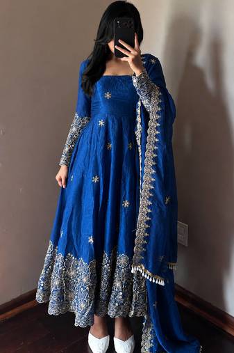 teal color sequin embroidery silk blend gown set