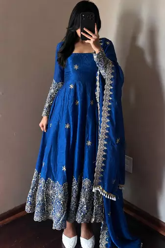 teal color sequin embroidery silk blend gown set