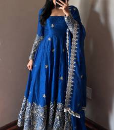 teal color sequin embroidery silk blend gown set