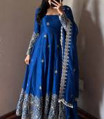 teal color sequin embroidery silk blend gown set