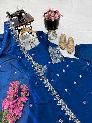 teal color sequin embroidery silk blend gown set 2