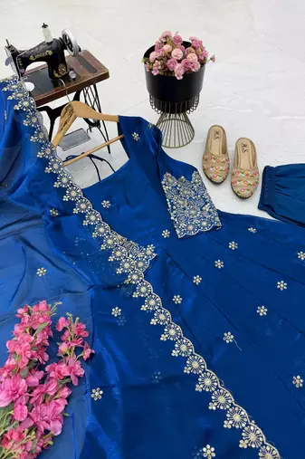 teal color sequin embroidery silk blend gown set