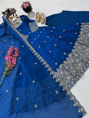teal color sequin embroidery silk blend gown set 4