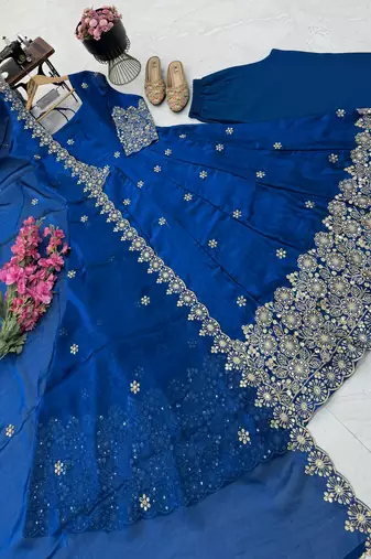 teal color sequin embroidery silk blend gown set