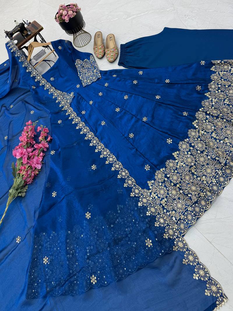teal color sequin embroidery silk blend gown set