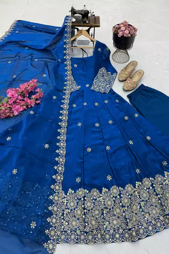 teal color sequin embroidery silk blend gown set