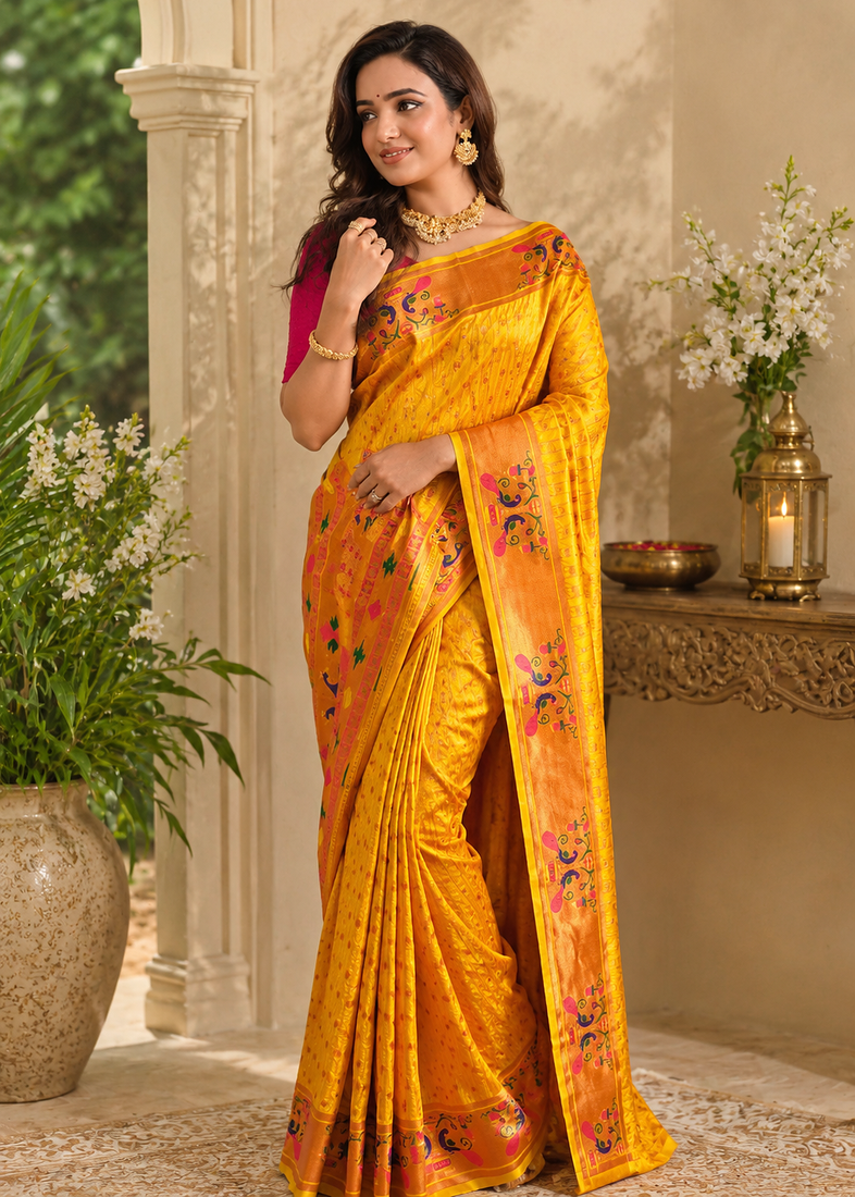 yellow color rich weaved pallu along polka design zari silk blend saree