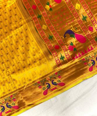 yellow color rich weaved pallu along polka design zari silk blend saree 3