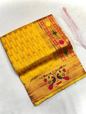 yellow color rich weaved pallu along polka design zari silk blend saree 4
