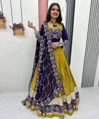 Mustard Embroidery Thread sequin and Lace Work Cotton Lehenga Choli Set 1
