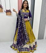 Mustard Embroidery Thread sequin and Lace Work Cotton Lehenga Choli Set