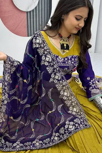 Mustard Embroidery Thread sequin and Lace Work Cotton Lehenga Choli Set