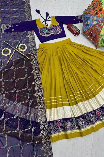 Mustard Embroidery Thread sequin and Lace Work Cotton Lehenga Choli Set