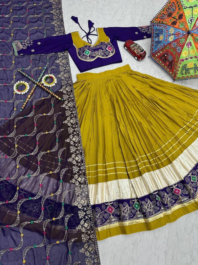 Mustard Embroidery Thread sequin and Lace Work Cotton Lehenga Choli Set
