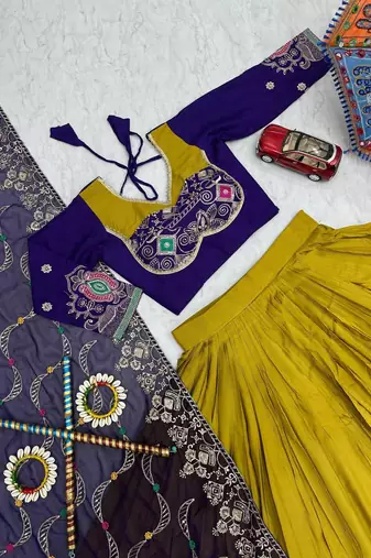 Mustard Embroidery Thread sequin and Lace Work Cotton Lehenga Choli Set