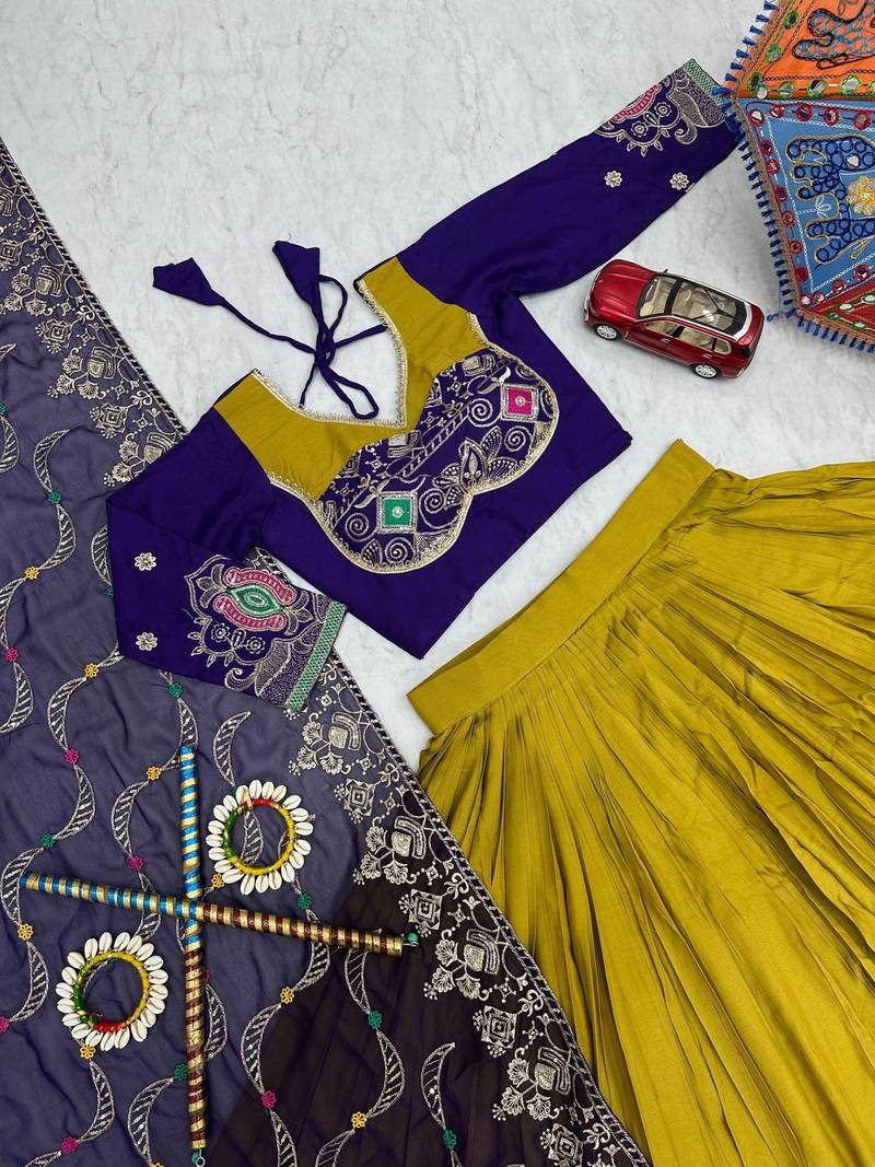 Mustard Embroidery Thread sequin and Lace Work Cotton Lehenga Choli Set