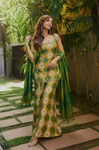 yellow color digital print and embroidery sequin work silk blend top palazzo set
