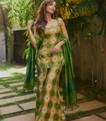 yellow color digital print and embroidery sequin work silk blend top palazzo set