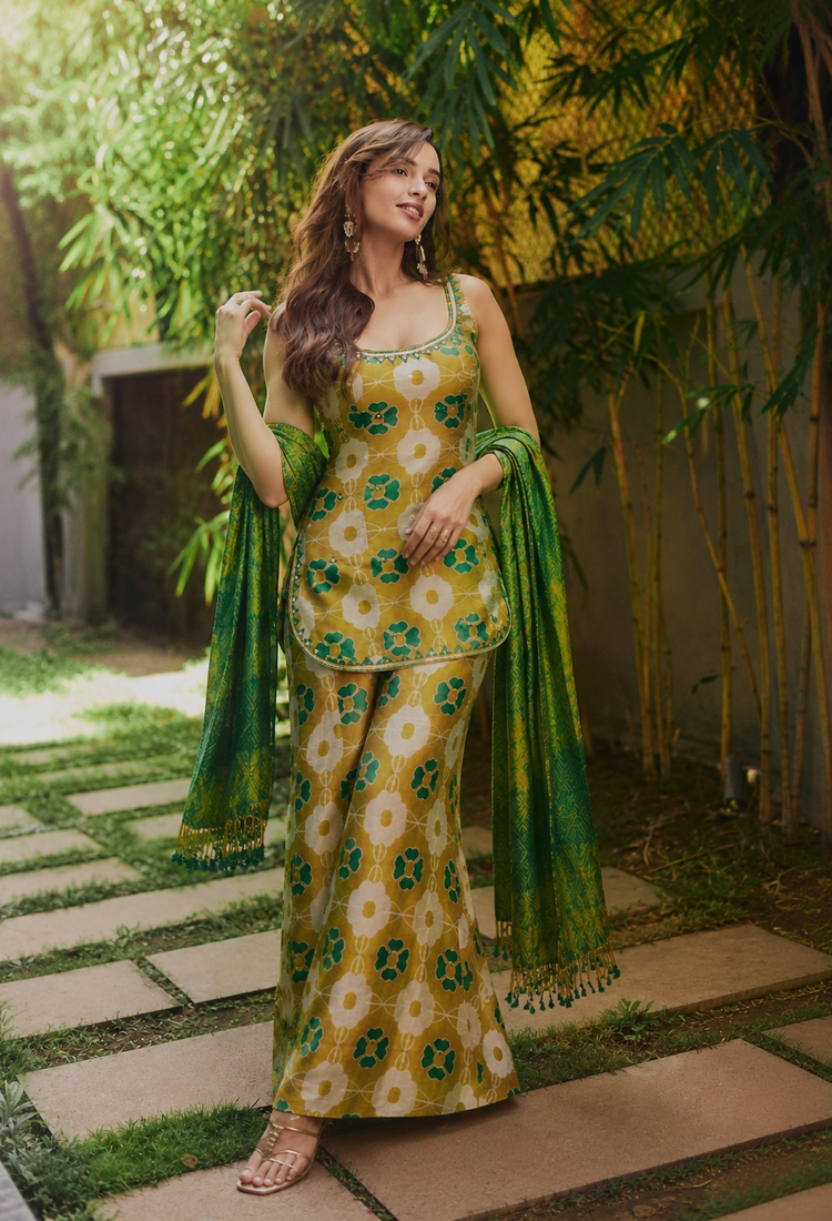 yellow color digital print and embroidery sequin work silk blend top palazzo set