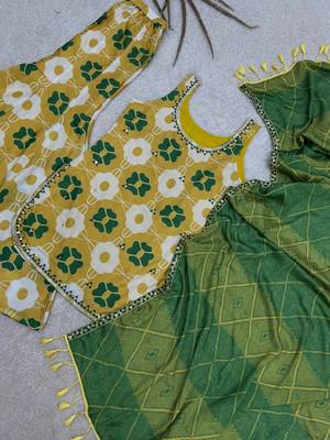 yellow color digital print and embroidery sequin work silk blend top palazzo set 2