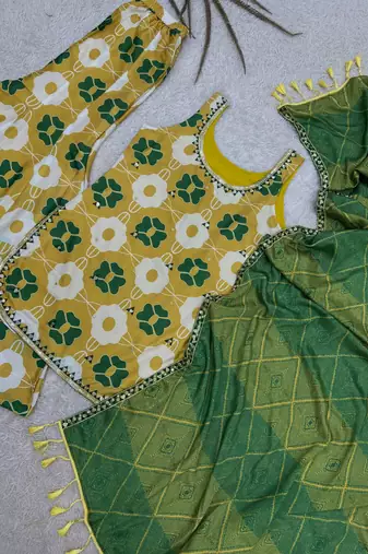 yellow color digital print and embroidery sequin work silk blend top palazzo set