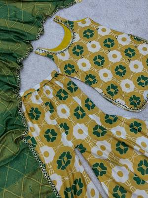 yellow color digital print and embroidery sequin work silk blend top palazzo set 3