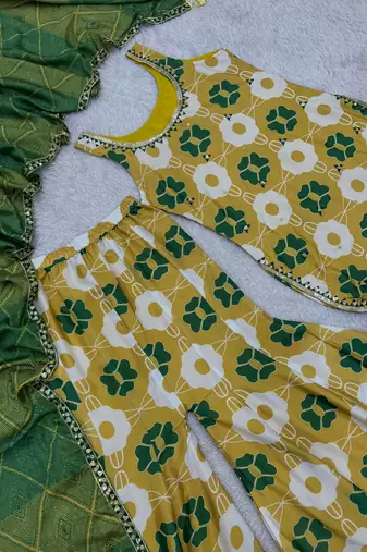 yellow color digital print and embroidery sequin work silk blend top palazzo set