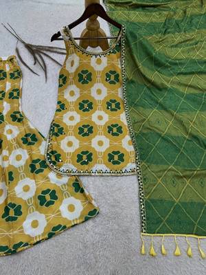 yellow color digital print and embroidery sequin work silk blend top palazzo set 4
