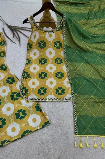 yellow color digital print and embroidery sequin work silk blend top palazzo set