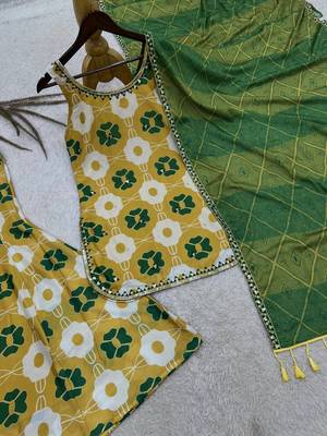 yellow color digital print and embroidery sequin work silk blend top palazzo set 5