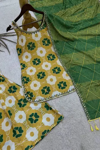yellow color digital print and embroidery sequin work silk blend top palazzo set
