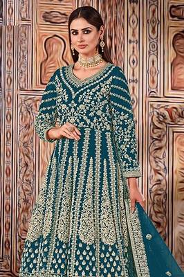 blue embroidered butterfly net semi - stitched kurta set 2