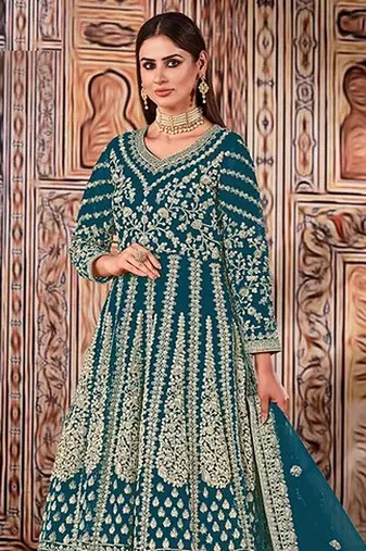 blue embroidered butterfly net semi - stitched kurta set
