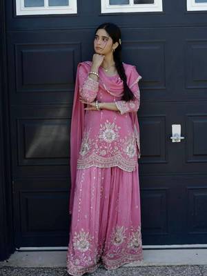 pink color embroidery sequin work silk blend kurti palazzo set 1