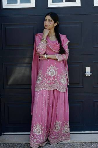 pink embroidery sequin work silk blend kurti palazzo set