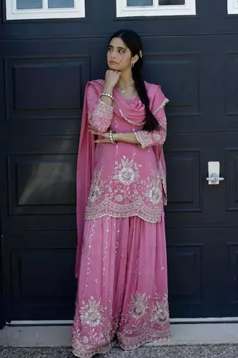 pink color embroidery sequin work silk blend kurti palazzo set
