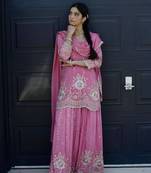 pink color embroidery sequin work silk blend kurti palazzo set