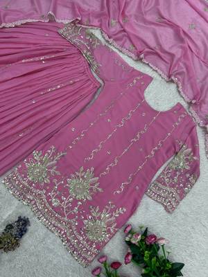 pink color embroidery sequin work silk blend kurti palazzo set 2